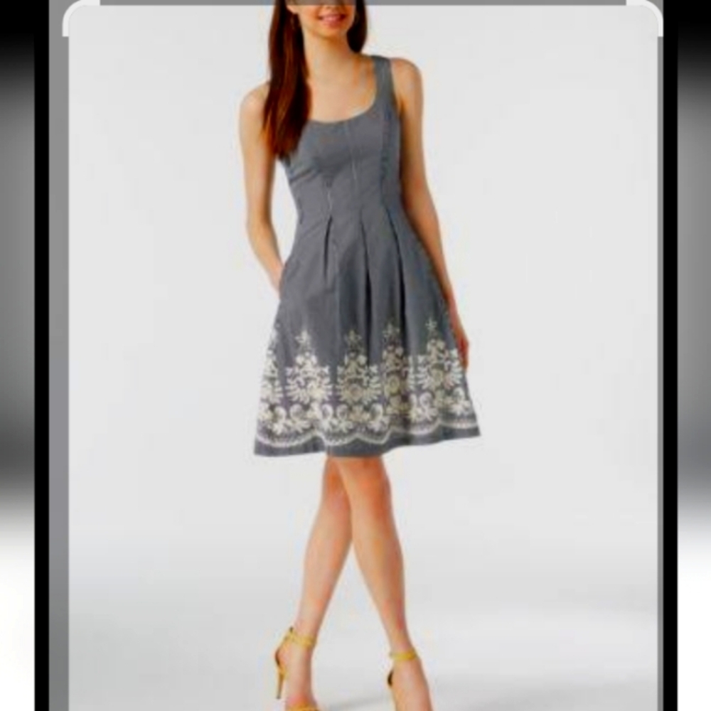 Nine West Embroidered Nautical Striped Dress   With Pockets